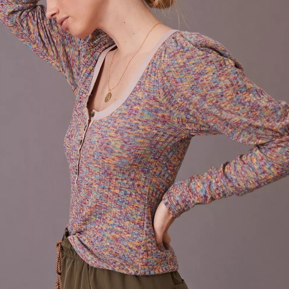 Anthropologie Puff long sleeve Multicolor Ribbed Knit Henley scoop neck Top SZ M